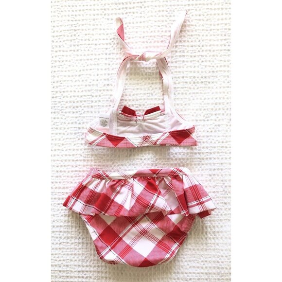 Janie and & Jack Sz 12-18 Month 2 Piece Swim Suit Plaid Skirted Bikini Red White - Picture 3 of 3
